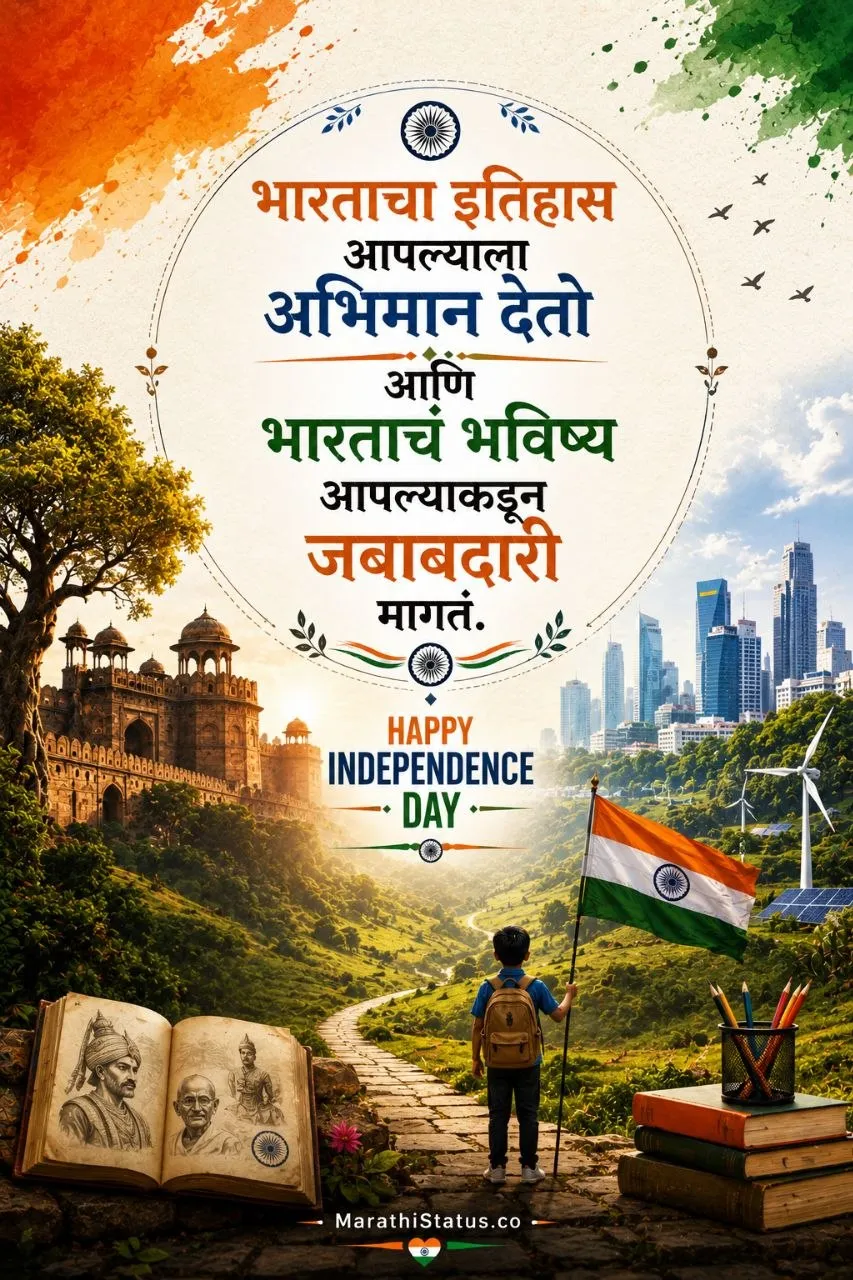 भारताचा इतिहास आपल्याला अभिमान देतो आणि भारताचं भविष्य आपल्याकडून जबाबदारी मागतं Marathi Independence Day Status