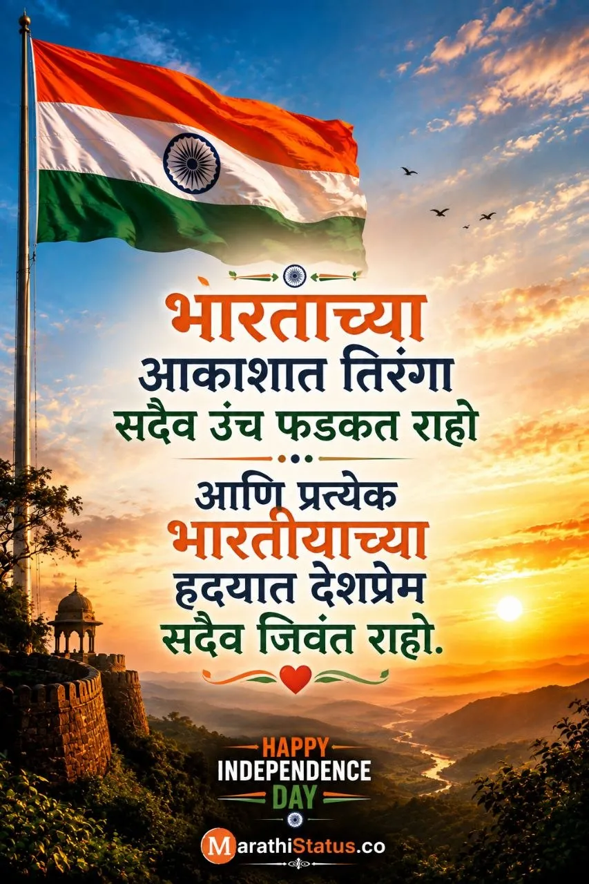 भारताच्या आकाशात तिरंगा सदैव उंच फडकत राहो आणि प्रत्येक भारतीयाच्या हृदयात देशप्रेम जिवंत राहो Marathi Patriotic Status
