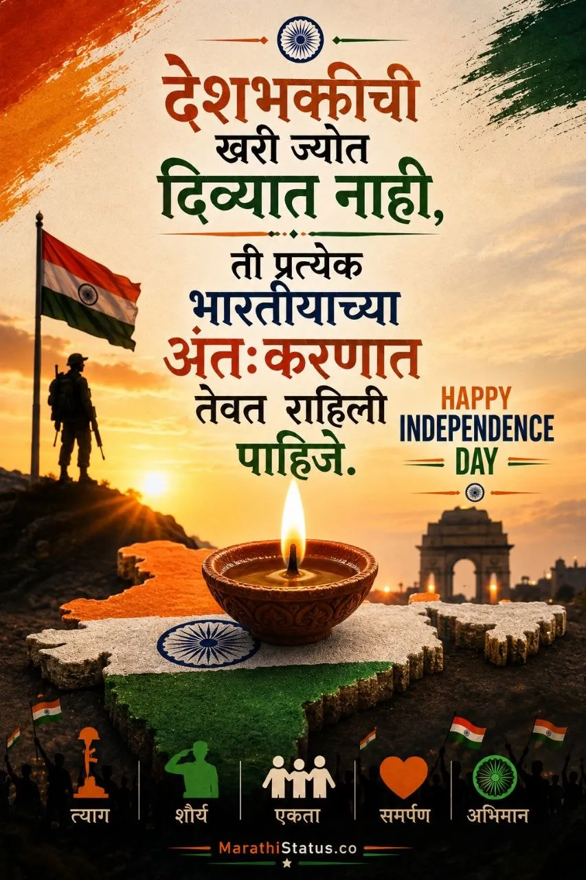 देशभक्तीची खरी ज्योत दिव्यात नाही तर प्रत्येक भारतीयाच्या अंतःकरणात तेवत राहिली पाहिजे Marathi Independence Day Status
