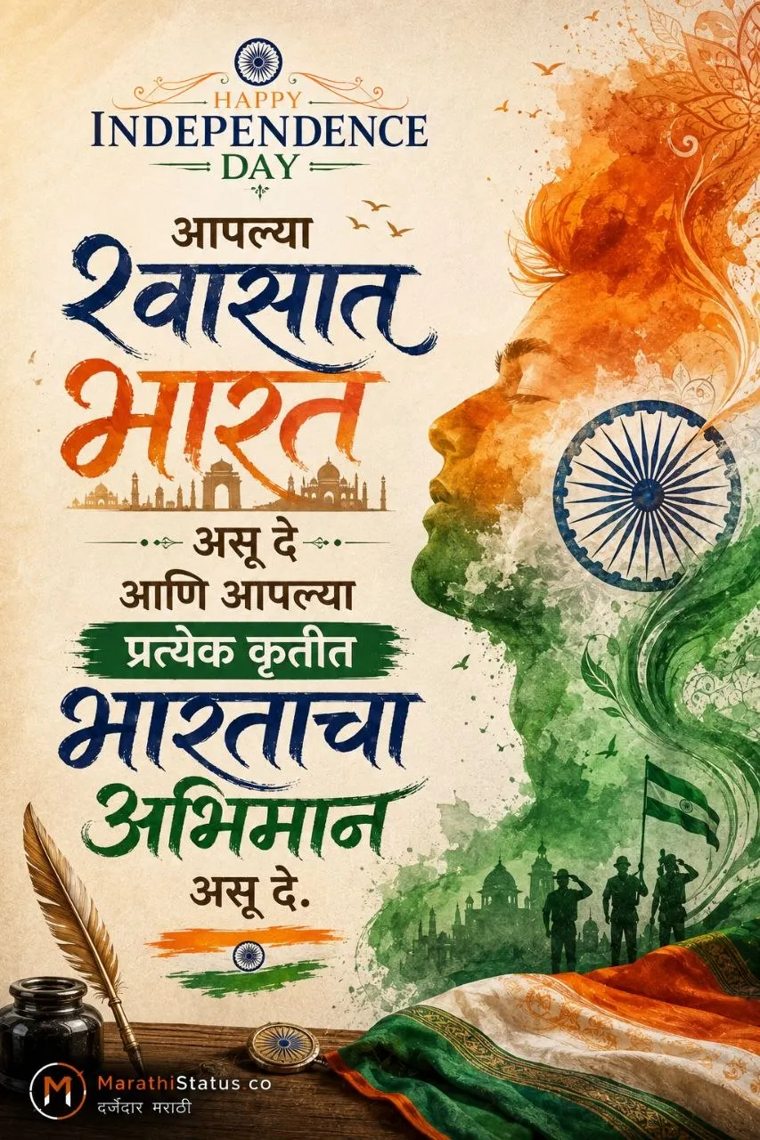 आपल्या श्वासात भारत आणि प्रत्येक कृतीत भारताचा अभिमान असण्याचा संदेश Marathi Independence Day Status