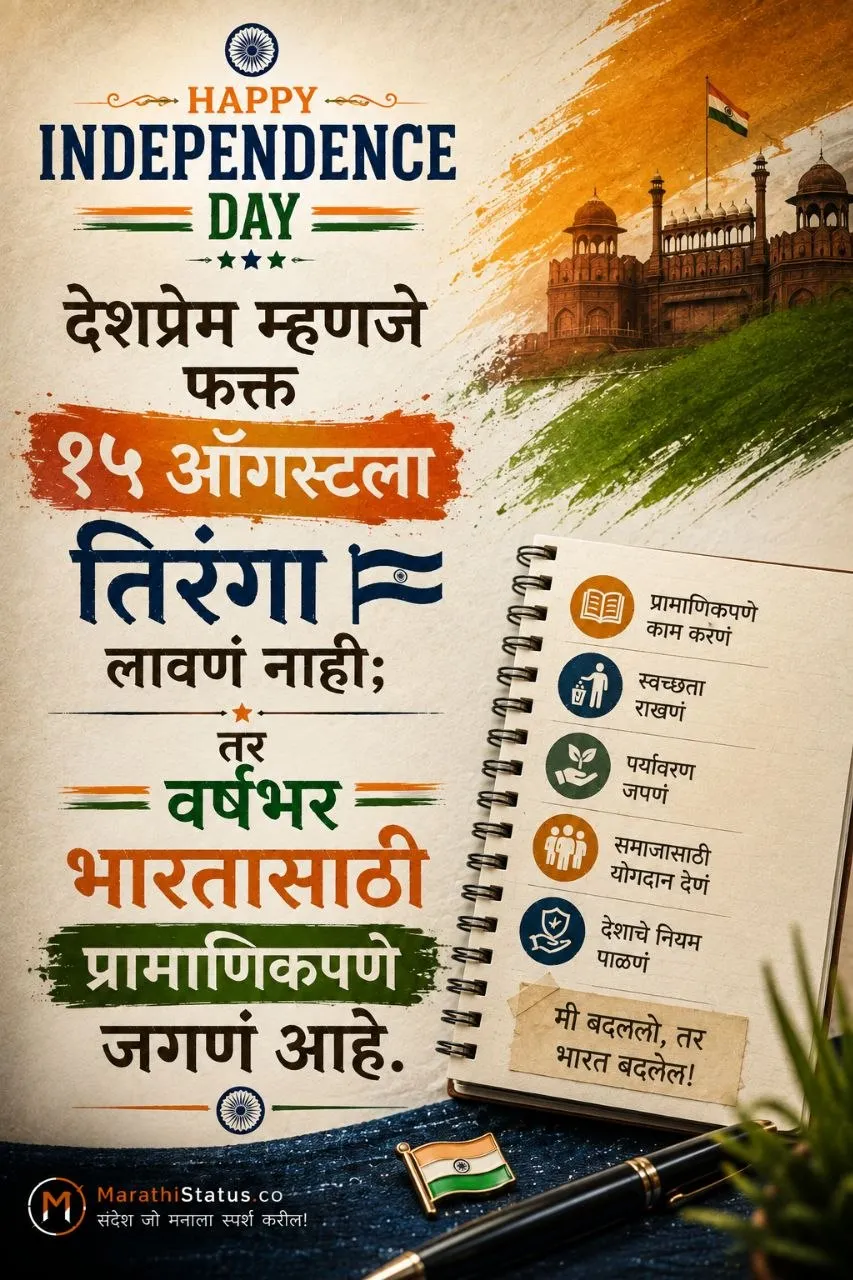 १५ ऑगस्टपुरते मर्यादित नसलेले देशप्रेम आणि नागरिकांच्या कर्तव्यांचा संदेश Marathi Independence Day Status