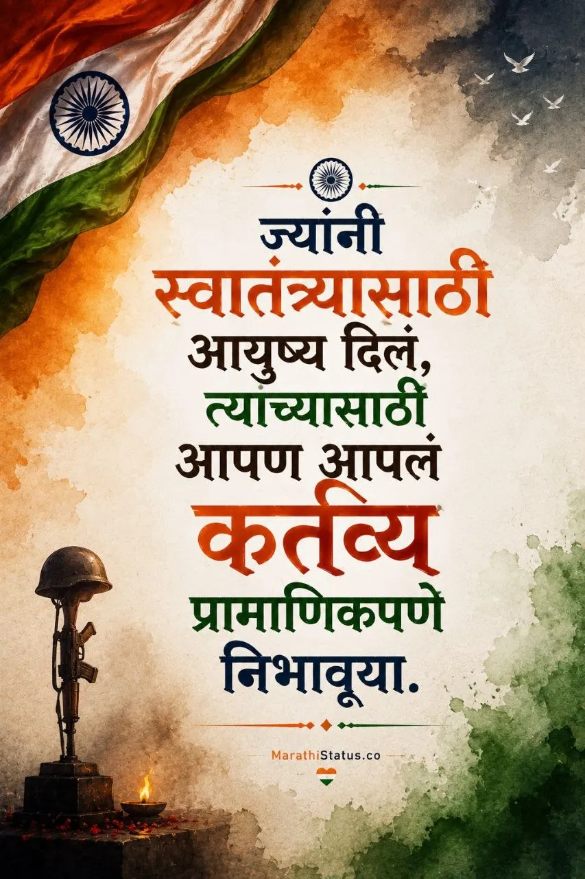 स्वातंत्र्यासाठी आयुष्य अर्पण करणाऱ्या वीरांच्या त्यागाची आठवण आणि कर्तव्याचा संदेश Marathi Independence Day Status