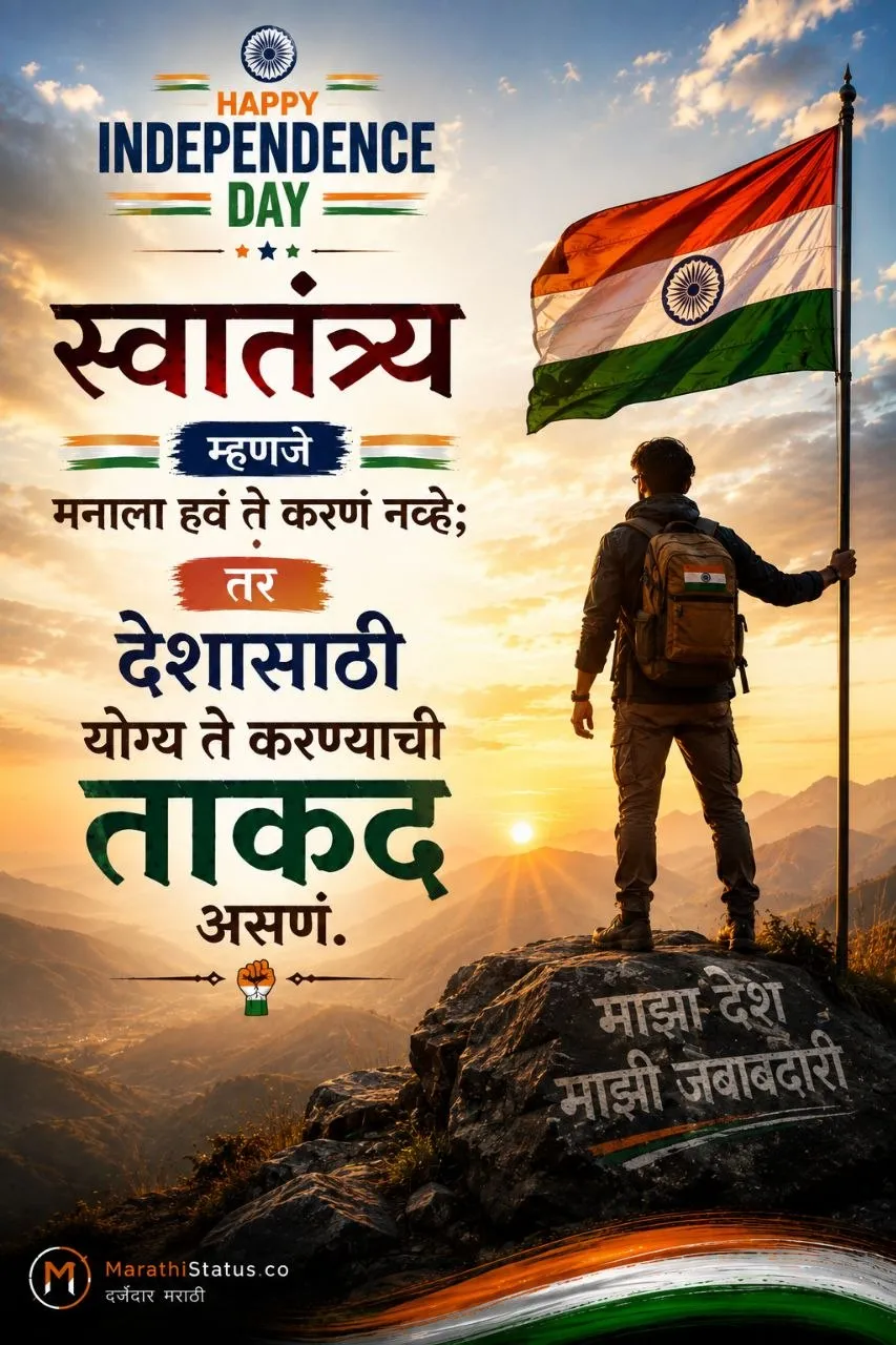 स्वातंत्र्याचा अर्थ आणि देशाप्रती जबाबदारी सांगणारा प्रेरणादायी Marathi Independence Day Status