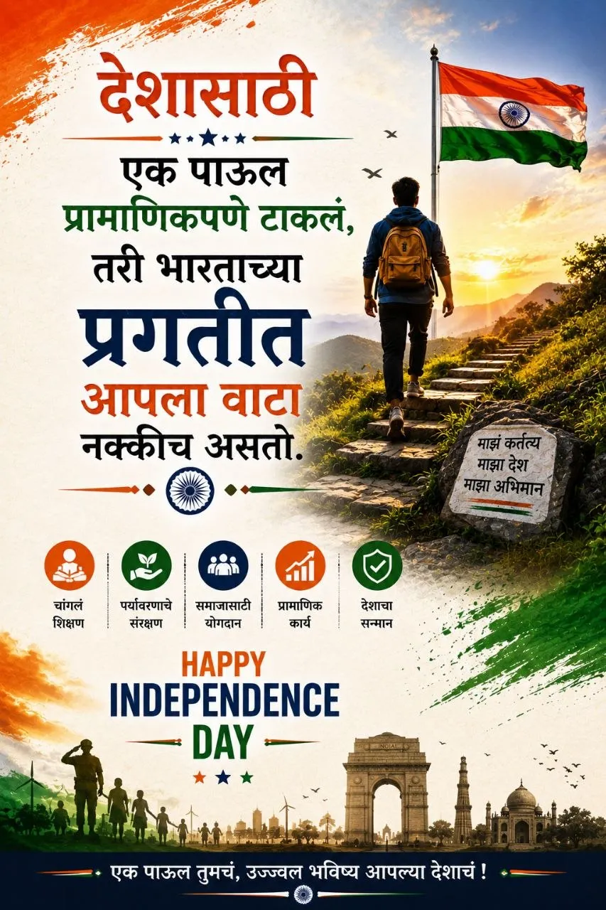 भारताच्या प्रगतीसाठी प्रत्येक नागरिकाने योगदान देण्याचा प्रेरणादायी Marathi Independence Day Status