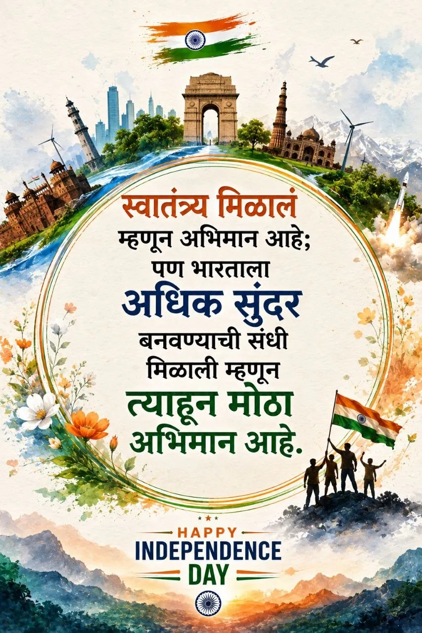 स्वातंत्र्य मिळाल्याचा अभिमान आणि भारताला अधिक सुंदर बनवण्याचा संदेश Marathi Independence Day Status