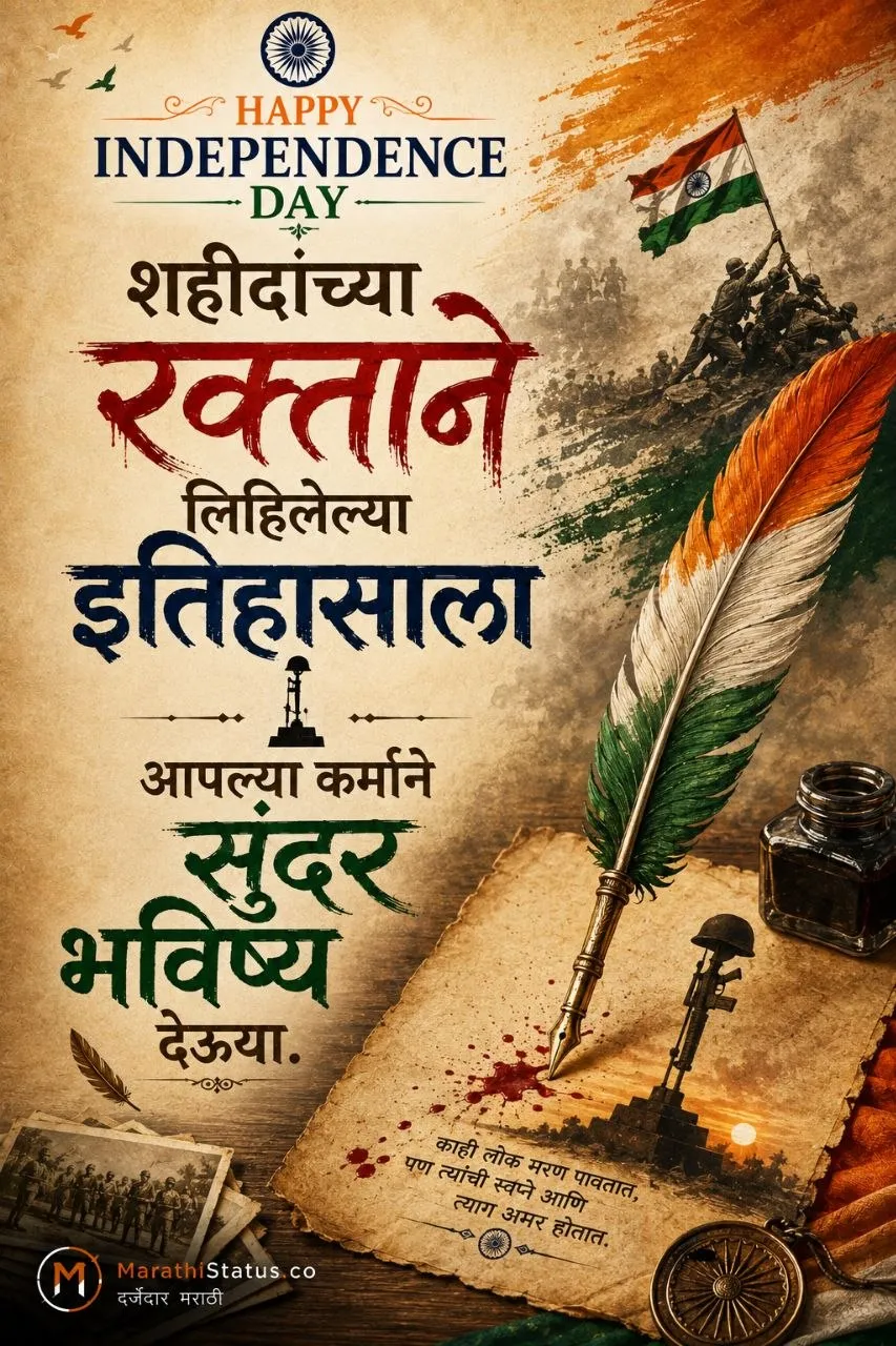 शहीदांच्या बलिदानाची आठवण आणि सुंदर भविष्य घडवण्याचा संदेश Marathi Independence Day Status