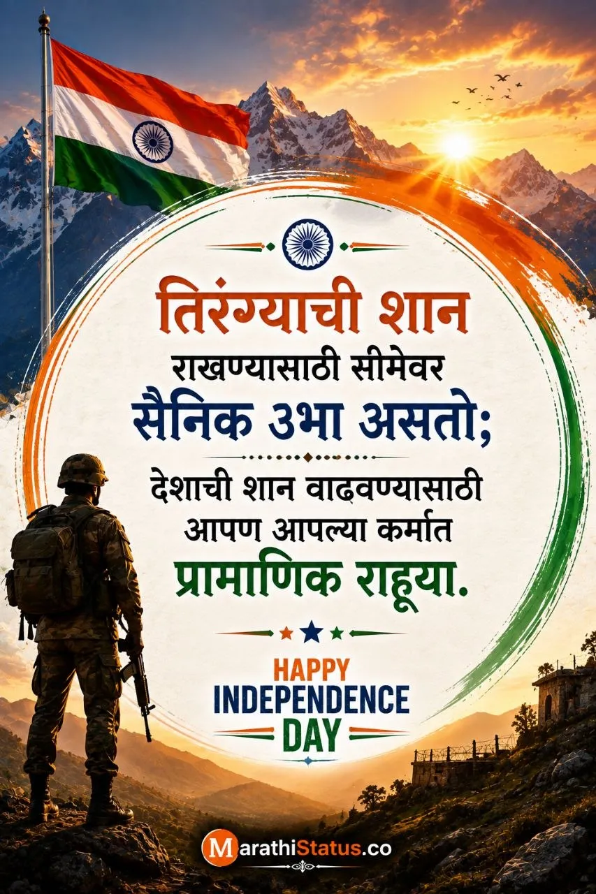 तिरंग्याची शान राखणाऱ्या सैनिकांना आणि प्रामाणिक कर्माचा संदेश देणारा Marathi Independence Day Status