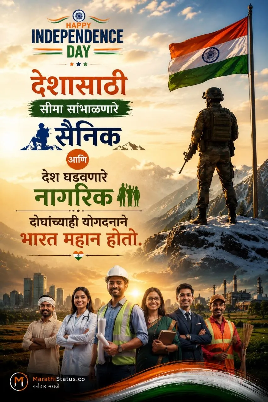 सीमेचे रक्षण करणारे सैनिक आणि देश घडवणाऱ्या नागरिकांच्या योगदानाचा स्वातंत्र्यदिन संदेश Marathi Independence Day Status