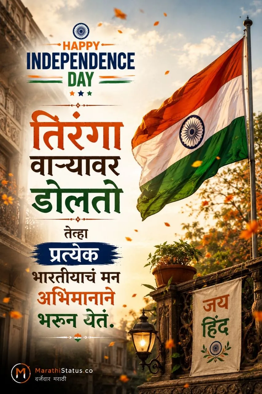 वाऱ्यावर डोलणाऱ्या तिरंग्यामुळे भारतीयांच्या मनात अभिमान जागवणारा Marathi Independence Day Status