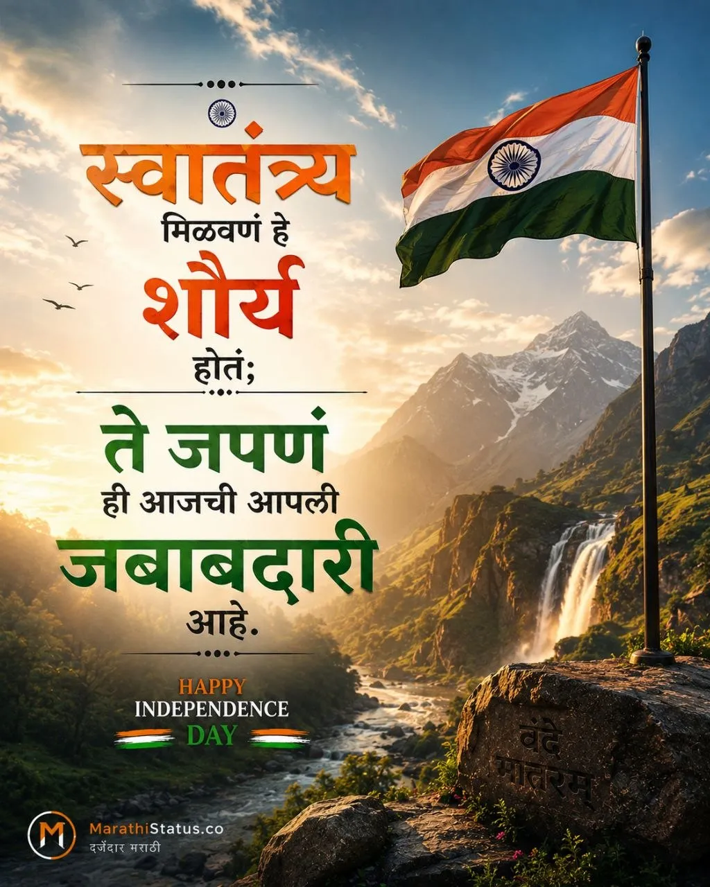 स्वातंत्र्य जपणे ही आजची आपली जबाबदारी असल्याचा देशभक्तीपर संदेश Marathi Patriotic Status