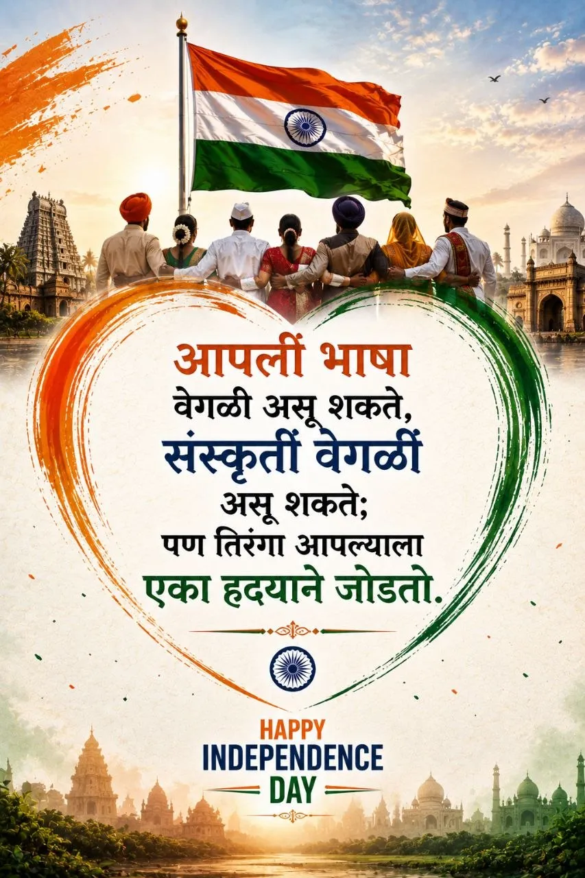 आपली भाषा आणि संस्कृती वेगळी असली तरी तिरंगा आपल्याला एकत्र जोडतो Marathi Independence Day Status