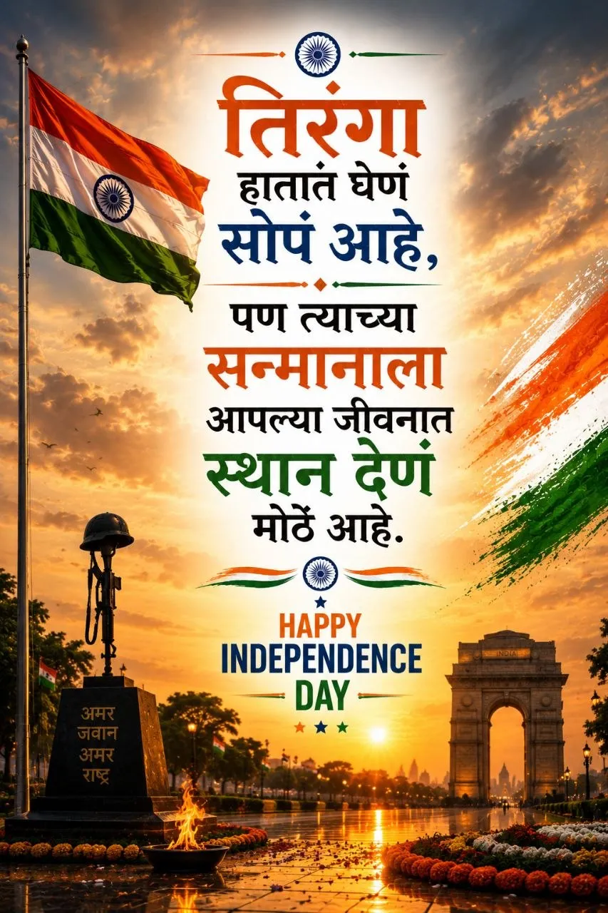 तिरंगा हातात घेणं सोपं आहे पण त्याच्या सन्मानाला आपल्या जीवनात स्थान देणं मोठं आहे Marathi Independence Day Status